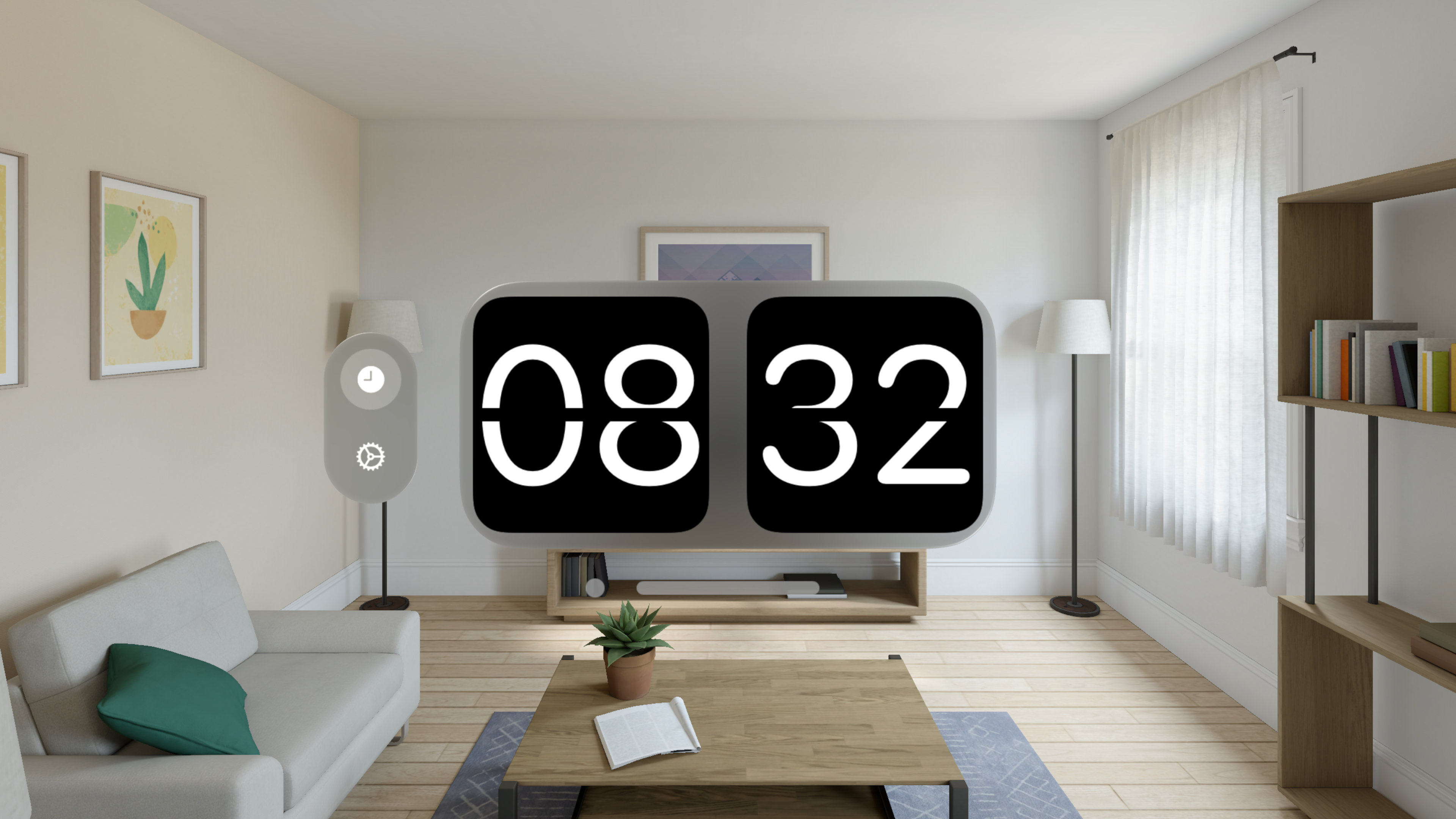 &ldquo;A VisualOS spatial window with a flip clock showing 8 32 AM.&rdquo;
